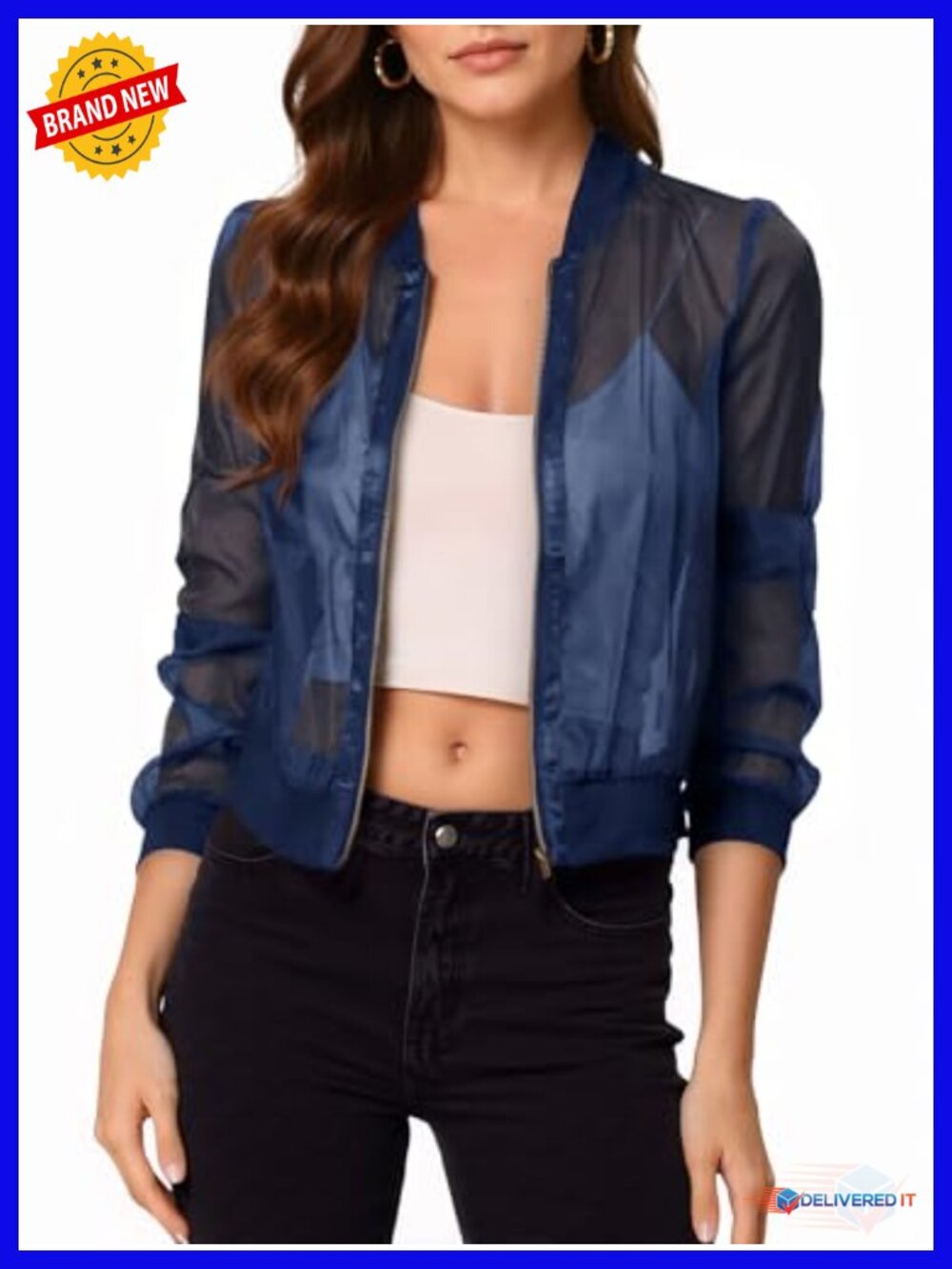 Fisoew Women's Sheer Mesh Crop Bomber Jacket Lightweight Zip-Up